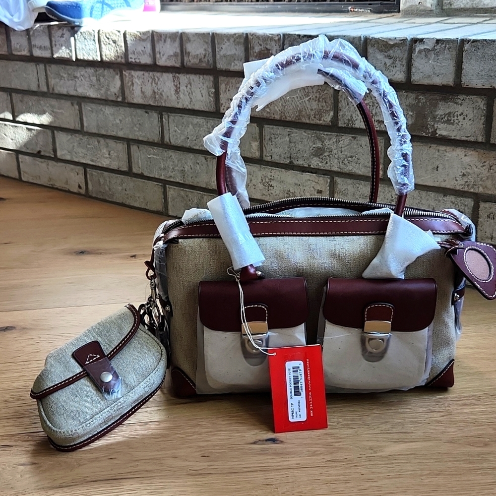 Dooney & Bourke Signature Beige Canvas & Leather Double Pocket Satchel